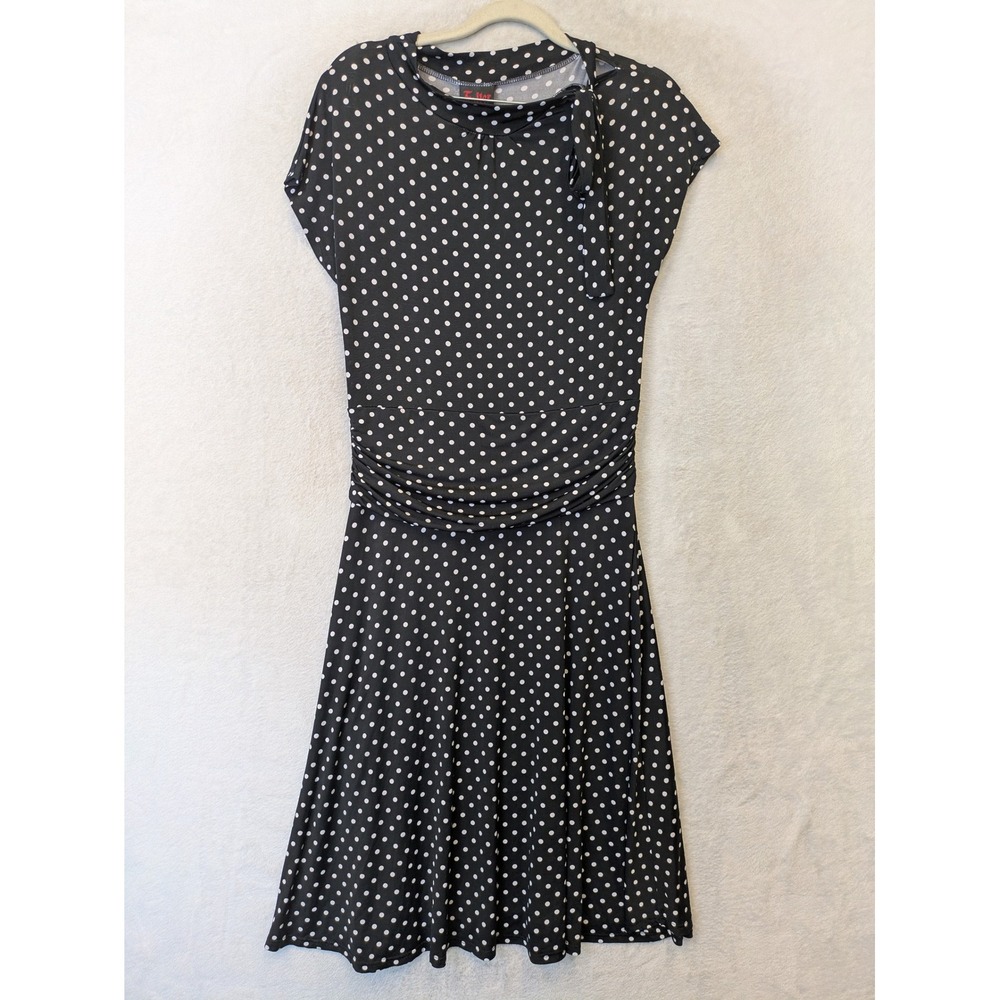 Folter Fit & Flare Dress Women's XL Black‎ Polka Dot Ruched Side Tie Cap Sleeve